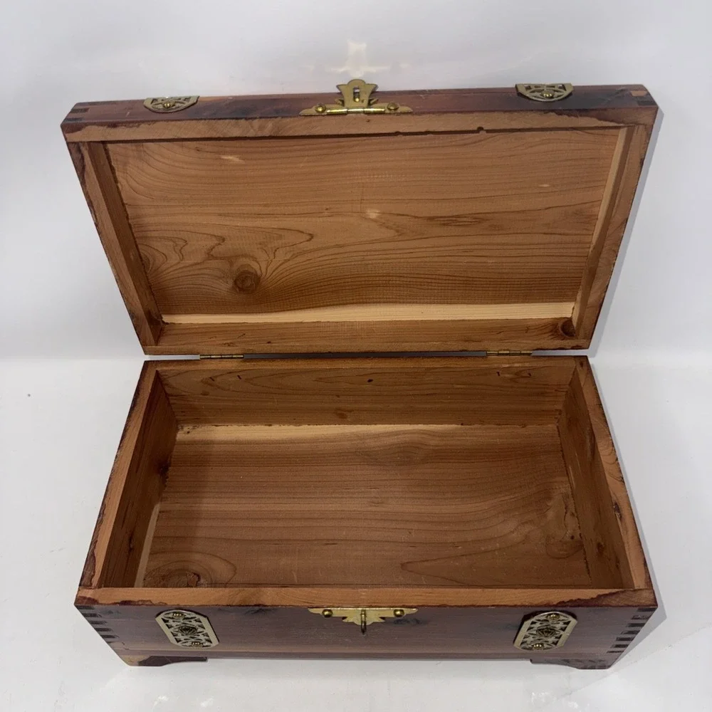 Vintage Cedar Wood Keepsake Box Brass Hardware Footed Trinket Chest Jewelry Box